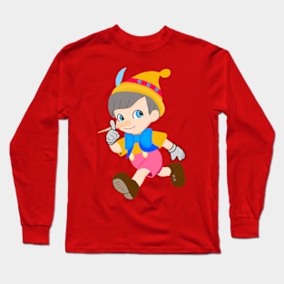 Drawing of a boy dressed like the cartoon Pinocchio, running fun. Long Sleeve T-Shirt